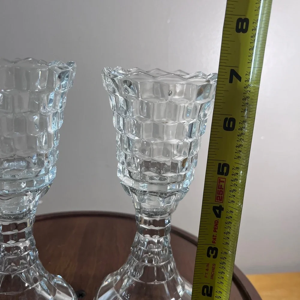 Vtg HOMCO Cubist Candlestick Holders Clear Pressed Glass Set of 2 MCM Decor